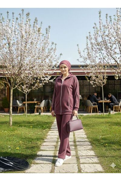 Calen White Stripe Detailed Zippered Comfortable Fabric 2-Piece Set