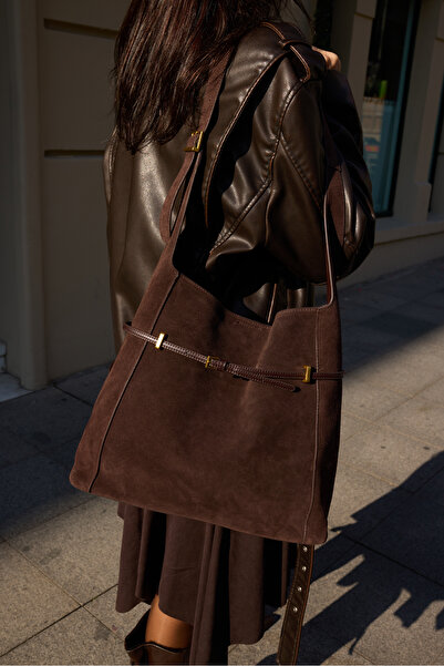 ANGELİNA JONES Hi̇ltori̇a Women's Brown Suede Shoulder Strap Real Suede Bag