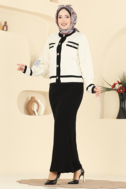 ModaMerve Şık Hırkalı Triko Takım 1355MT581-MS Siyah&Ekru