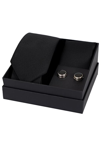 Esgue 8 cm Hand Made Black Color Tie Handkerchief & Cufflink Gift Set Hset:140