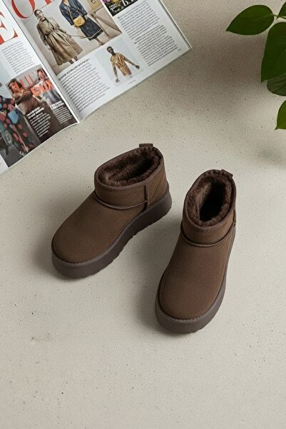 Ayakkabı Fuarı Elit ASPSY01C Kadın Kürklü Süet Düz Bot Kahverengi