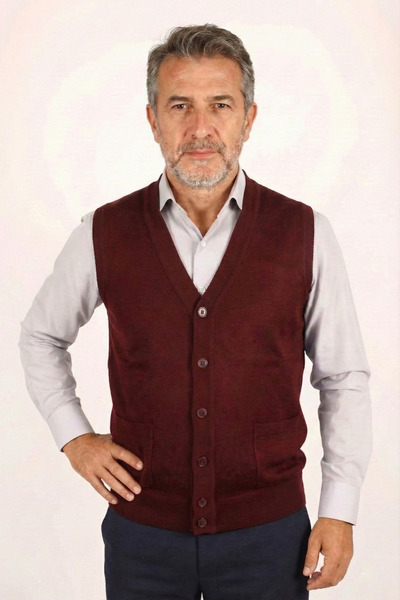 nacar çarşı Erkek Baba Bordo Klasik Kesim V Yaka Önü Düğmeli Çift Cepli Mevsi...