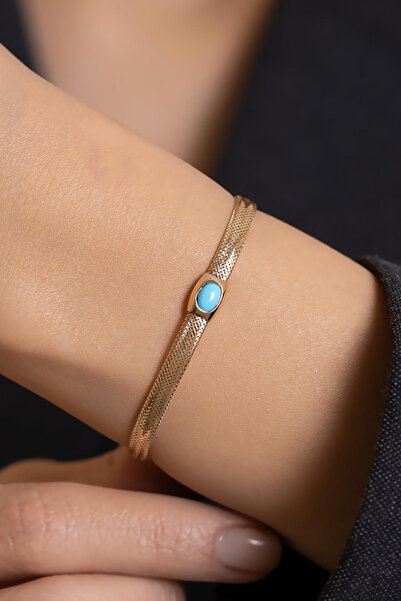 Bayar Gold 14 Ayar Altın Mavi Taş Detaylı İtalyan Esnek Bileklik 4 mm
