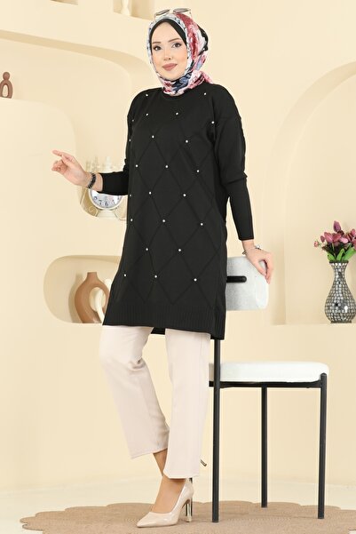 ModaMerve Baklava Desenli Triko Tunik 3225UZ662-MS Siyah