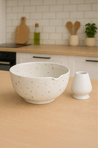 MATCHİVA طقم سيراميك فاخر من قطعتين - وعاء ماتشا أصلي (تشاوان) وحامل خفاقة (ك...