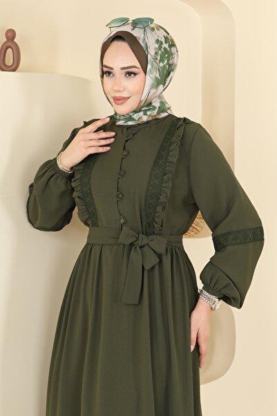 ModaMerve Fırfır Detaylı Krep Elbise 318ASN888-MS Haki