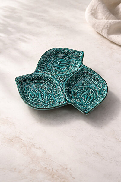 Zera Dizayn El Yapımı Seramik Kabartma Desenli 3 Bölmeli Çerezlik & Sunumluk ...