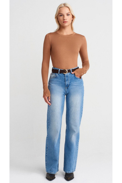 TUĞBALİ Women's Crew Neck Mid-Sleeve Droplike Polyamide Dough-Like Sweater