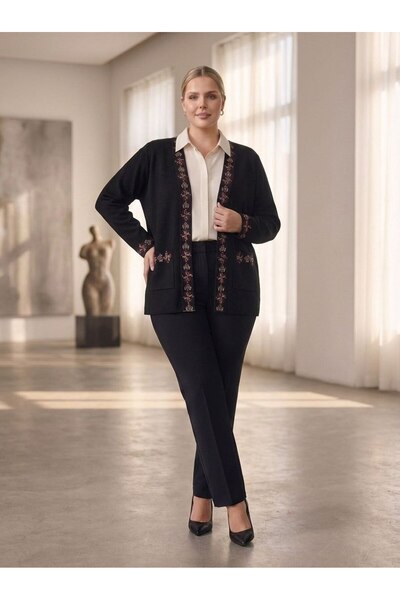 Hanezza Büyük Beden Kilim Desen Triko Cepli Hırka