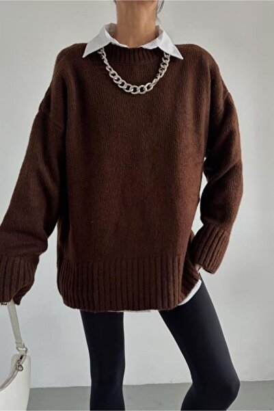 HARMONY GLOBAL Women's Crew Neck Long Oversized Brown Knitwear Sweater - Soft Textured Basic Winter Sweater 2217