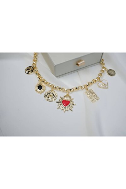 ATELİER TUĞBA Kol176 Multi-Charm Detail Gold Women's Necklace - 40 cm + 5 cm ...