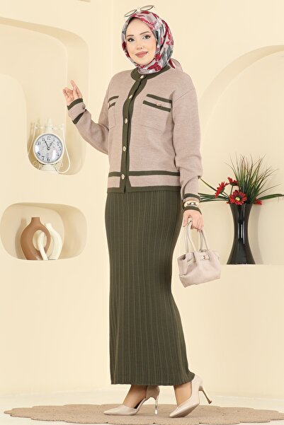 ModaMerve Şık Hırkalı Triko Takım 1355MT581-MS Haki&Vizyon