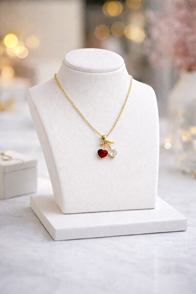 mischa jewelry Aşk temalı kiraz figürlü kalp paslanmaz çelik gold kolye altın kaplama
