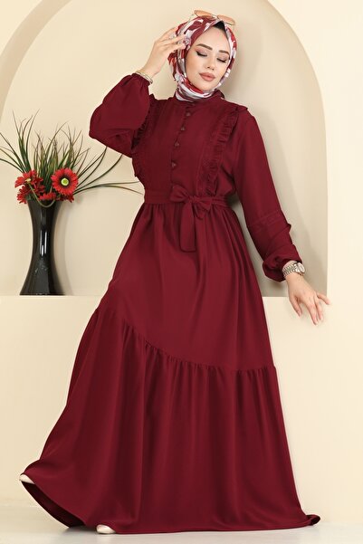 ModaMerve Fırfır Detaylı Krep Elbise 318ASN888-MS Bordo