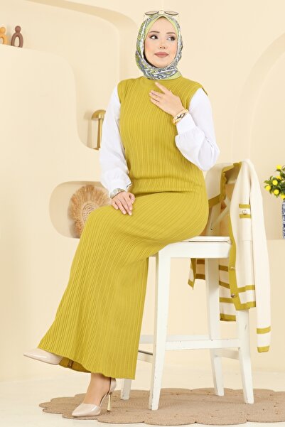 ModaMerve Şık Hırkalı Triko Takım 1355MT581-MS Yağ Yeşili&Ekru