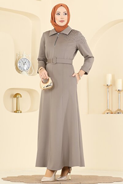 ModaMerve Omuzu Taşlı Scuba Elbise 5727EDF311-MS Koyu Vizyon