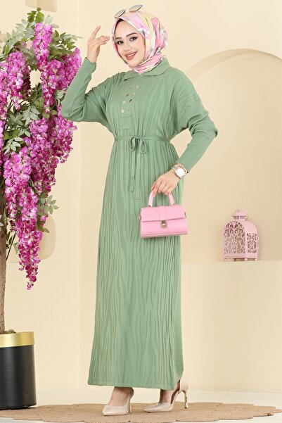 ModaMerve Aksesuar Düğmeli Triko Elbise 211440TPK1167-MS Çağla