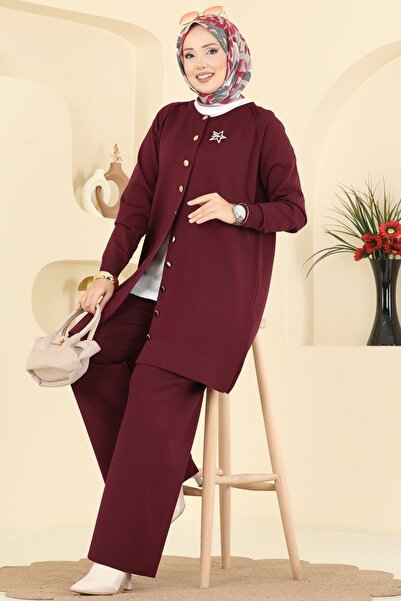 ModaMerve Broş Aksesuarlı Triko Takım 7030UZ662-MS Bordo