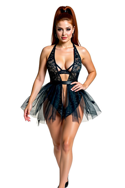 biky Tül Etekli Siyah Bodysuit Gecelik Takımı