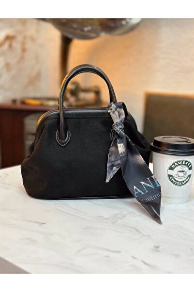 Store Siyah Süet Fularlı Kücük Boy Çanta