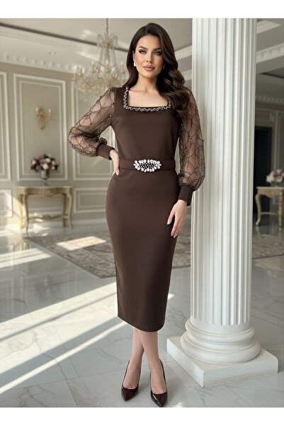 1Moda1Tarz Țesătură scuba importată pentru femei, cu mâneci de piatră, șifon, perle, curea, detaliu, căptușit, rochie cu design special