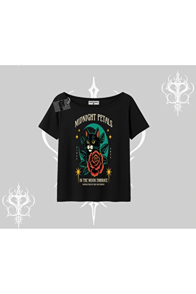 Tarzsokak Tricou cu imprimeu Midnight Petals Cat, cu guler tip barcă