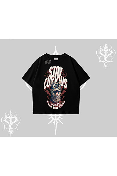 Tarzsokak Оверсайз тениска с принт „Stay Curious Cat“