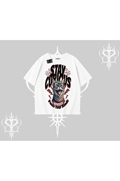 Tarzsokak Оверсайз тениска с принт „Stay Curious Cat“