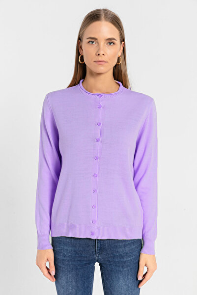 Miss Poem Crew Neck Buttoned Women's Lilac Knitwear Cardigan