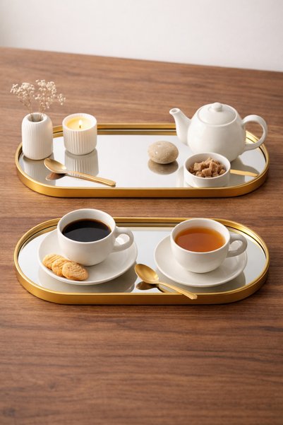 Yavuzhan Metal Gold Framed Decorative Tray with 2 Oval Mirrors (13X30)