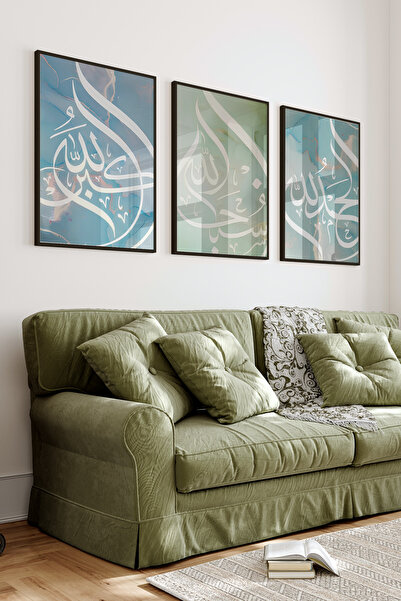 kutuTR Siyah Çerçeveli 2D UV Baskı 3’lü MDF Tablo Set – İslami Hat ve Kâbe Te...