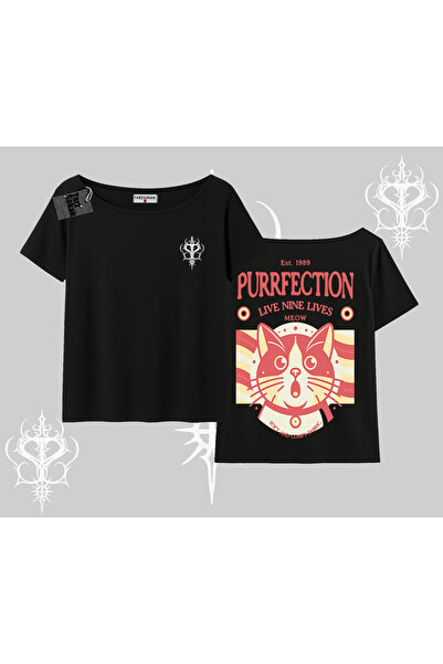 Tarzsokak Тениска с лодка на врата и дизайн на котка с девет живота