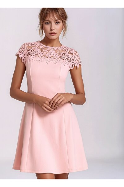 MAMAYAGA Women's Guipure Floral Collar Bell Skirt Evening Dress Graduation Stylish Mini Dress