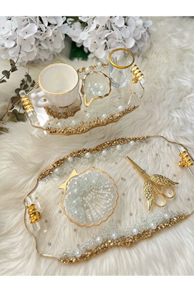 RESİNARTSHOP Epoksi Tepsi Şeffaf & Gold Nişan Seti