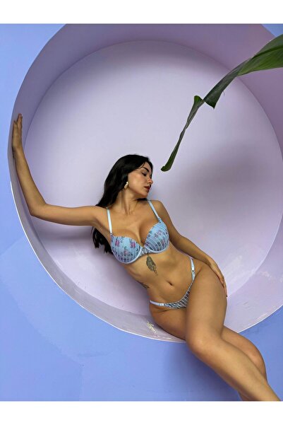 Elit Butik Glittery Floral Patterned Supported Blue Bra Set