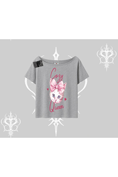 Tarzsokak Tricou confortabil cu imprimeu Cozy Queen Cat, cu guler bărcuță