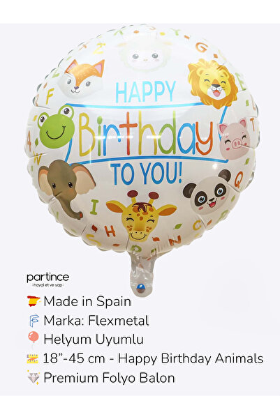 partince Happy Birthday Yazılı Sevimli Hayvanlar Tema Folyo Balon