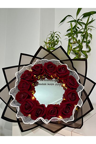 Pretty Ledli Bordo İnci Tüllü Gül Buketi Aynalı Buket Doğum Günü Sevgililer G...