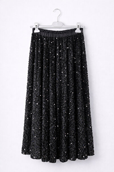 günay boutıque تنورة ميدي مخملية بالترتر الأسود – خصر مطاطي، تصميم أنيق وراقي