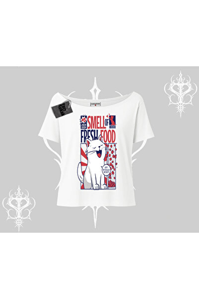 Tarzsokak Tricou cu guler bărcuță, imprimat cu „Smell of Fresh Food Kedi”