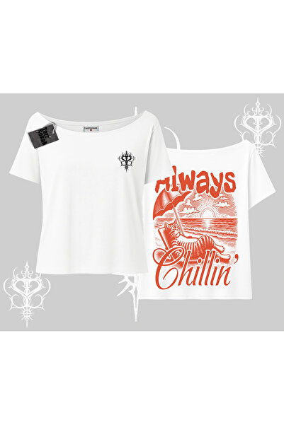 Tarzsokak Always Chillin Cat Back Printed Boat Neck Tshirt