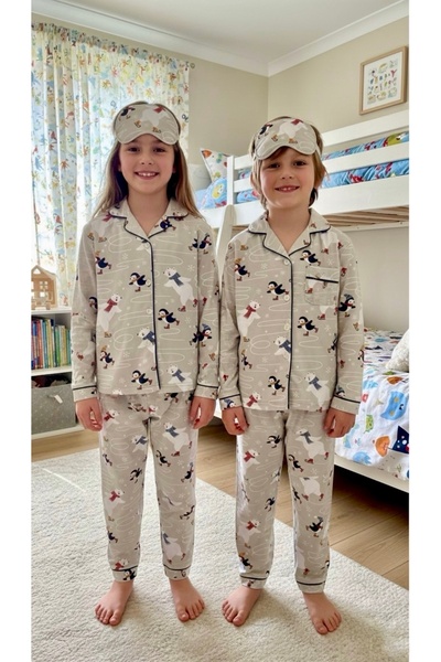 Enie Kız-Erkek Çocuk Gri Unisex %100 Pamuk Penguen Desenli Biyeli-Düğmeli Uyk...