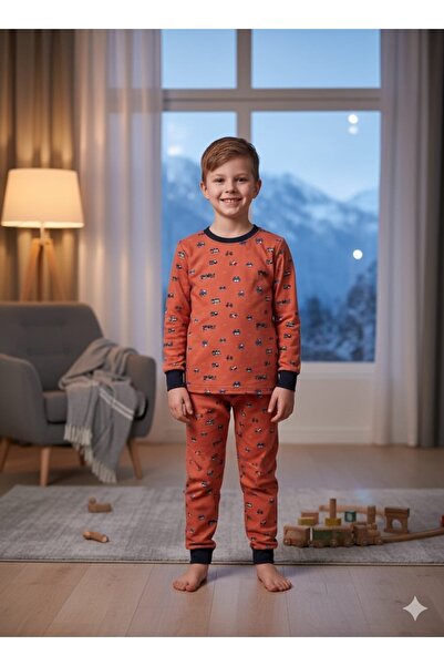 Kidora Kids Boy's Orange Color Interlock Fabric Car Pattern Long Sleeve Pajama Set