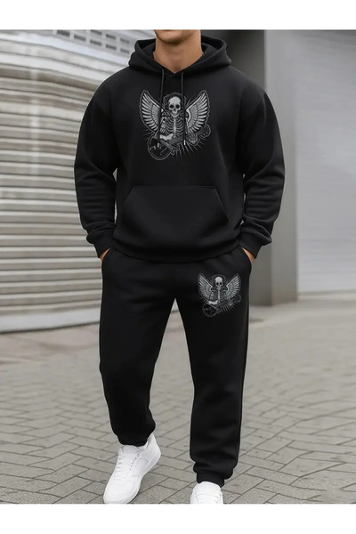 AEMİ Unisex Printed Hooded Sweatshirt and Jogger Sweatpants - Bottom Top Set