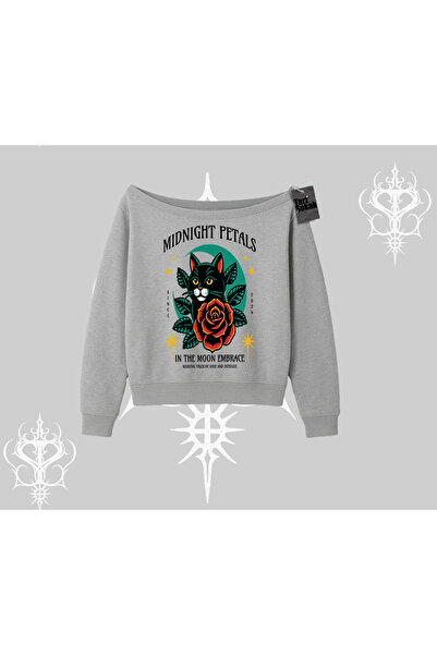 Tarzsokak سويت شيرت ميدنايت بتالز كات مطبوع برقبة على شكل قارب