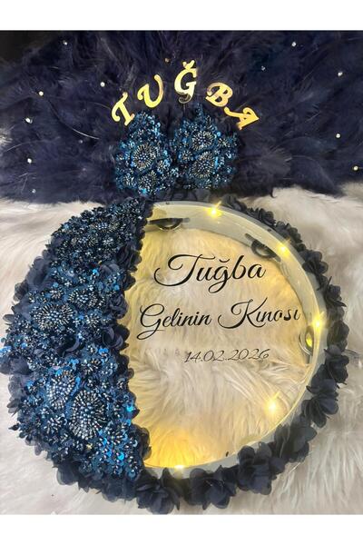 TAN EVENT Ledli Gelin Defi + Aplikli Yelpaze Lacivert,Işıklı Def,Gelin Defi,V...