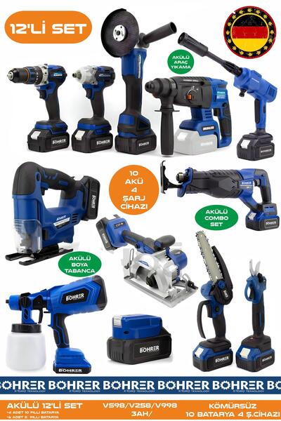 BÖHRER ALMAN DESİGNE 12 MAKİNE KOMBO SET V598 21V 3AH KÖMÜRSÜZ 10 BATARYA 4 ŞARJ ALETİ PROFESYONEL SET
