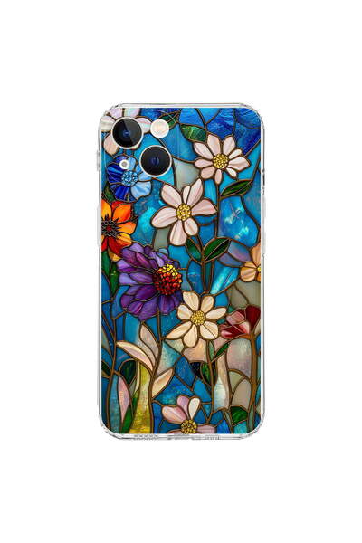 PrintiFy iPhone 13 ile Uyumlu Vitray Mavi Bahar Tasarımlı Şeffaf Silikon Kılıf