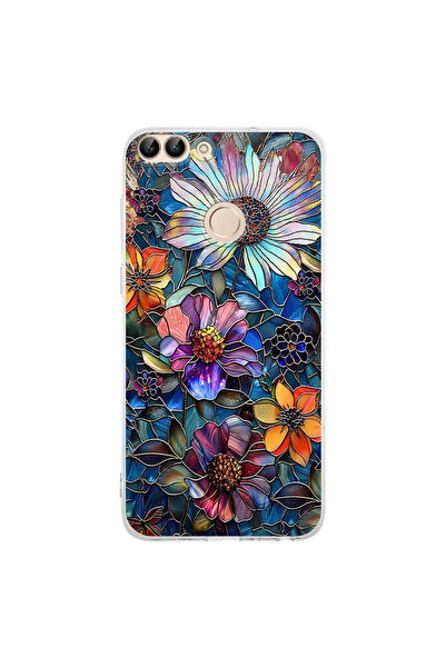 PrintiFy Huawei P Smart 2018 ile Uyumlu Vitray Mücevher Flora Tasarımlı Şeffa...