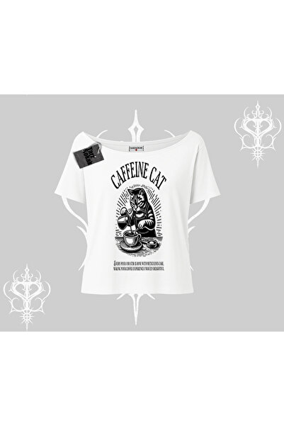 Tarzsokak Tricou cu gâtul tip barcă, cu imprimeu cu pisică tematică cafea, Ca...